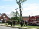 A tree trimmer is rescued by the Arlington Fire Department
