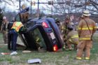 A car veered off the road and flipped over in Rosslyn during the evening rush hour