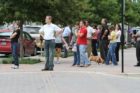 A crowd gathered on Glebe Road to watch the rescue of an injured construction worker