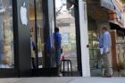 A makeshift memorial to Steve Jobs outside the Clarendon Apple Store