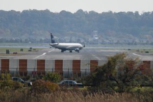 Plane at Reagan National Airport, as seen from the new Long Bridge Park
