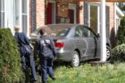 A car crashed into the front porch of an apartment building in the Columbia Heights West neighborhood