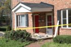 A car crashed into the front porch of an apartment building in the Columbia Heights West neighborhood