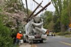 A cement truck backed into two utility poles on 16th Street N.