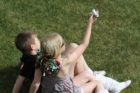 Children at the Air Force Memorial awaiting the space shuttle Discovery