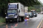 A tractor trailer lost its wheels on S. Glebe Road Monday morning