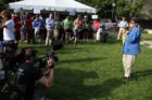 Rosslyn BID Executive Director Cecilia Cassidy speaks at the Bike to Work Day pit stop in Rosslyn