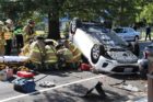 A car flipped on its roof near Patrick Henry Elementary School