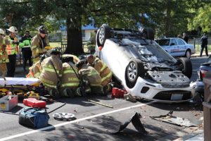 A car flipped on its roof near Patrick Henry Elementary School