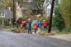 Neighbors look at a large tree that fell in the front yard of a home in Lyon Park