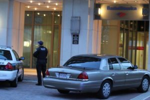 Police investigate a bank robbery at the Bank of America at 3600 S. Glebe Road