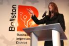 Tina Leone speaks at a Ballston BID launch event
