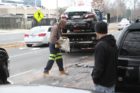 A crash between a tow truck, taxi and county truck on George Mason Drive