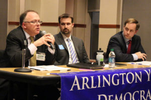 From left, Peter Fallon, Cord Thomas and Alan Howze at the Arlington Young Democrats County Board debate