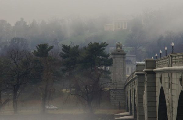 Foggy Arlington National Cemetery and Memorial Bridge (Flickr pool photo by Wolfkann)