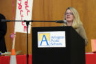 Parent Michelle Lusk speaks at the new elementary school groundbreaking at Williamsburg MS
