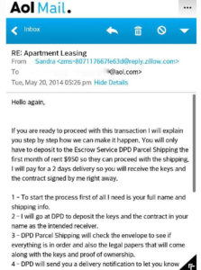 Zillow rental listing scam email (image courtesy Matthew Leighton)