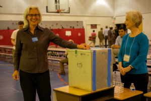 Barbara Kanninen votes for herself in the 2014 School Board Democratic caucus (Flickr pool photo by wolfkann)