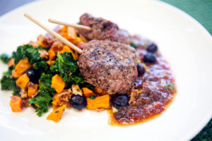 Power Supply meal of steak skewers with kale, sweet potato, bacon and blueberry salad