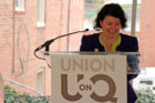 State Sen. Barbara Favola speaks to the crowd at the groundbreaking for the Union at Queen apartments