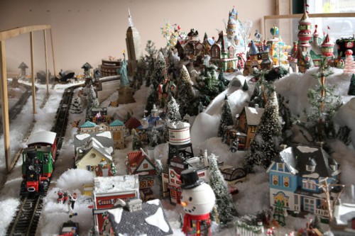 Winter village and model railroad at Crystal City Sports Pub