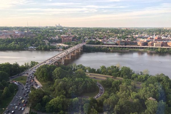 View of Key Bridge, the Potomac River and D.C. from the Waterview building in Rosslyn