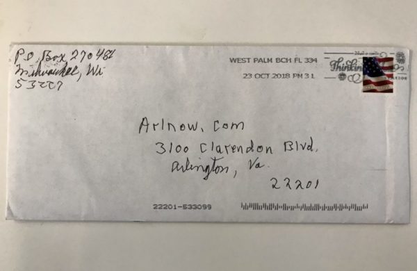 Envelope of a Nazi propaganda mailing sent to ARLnow.com