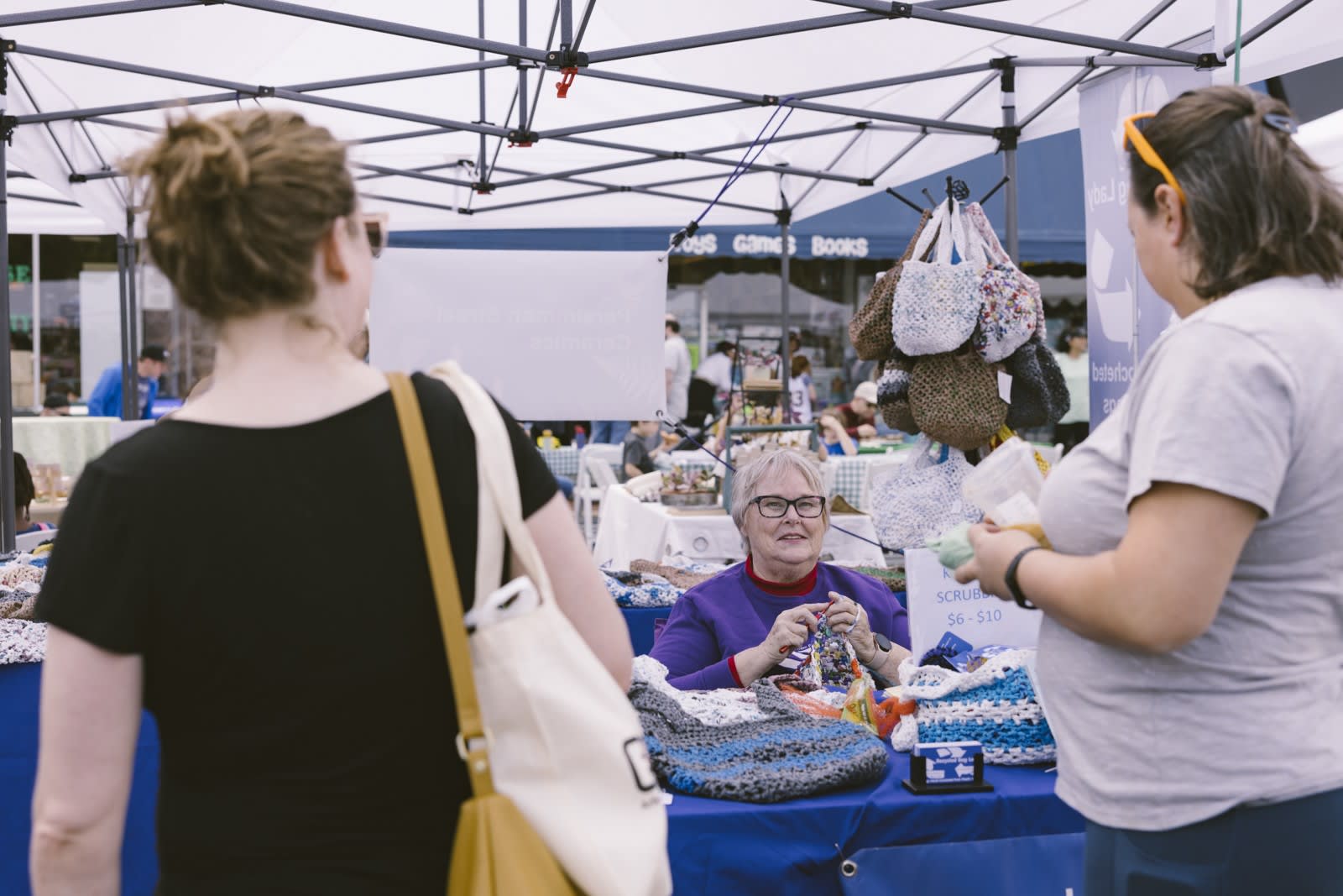 Mary Pike, aka: "The Recycled Bag Lady," crochets totes from plastic bags at Earth Day Every Day on Sat, April 26.
