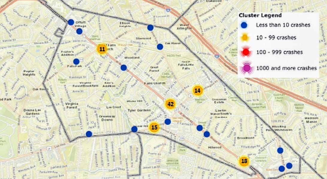 2025 vehicular crashes in Falls Church (via City of Falls Church) | ARLnow Map of crash clusters in the area. Blue dots mean fewer than 10 crashes, orange dots 10–99, red 100–999, purple 1,000+; numbered circles show cluster counts (e.g., 11, 14, 15, 18, 42).