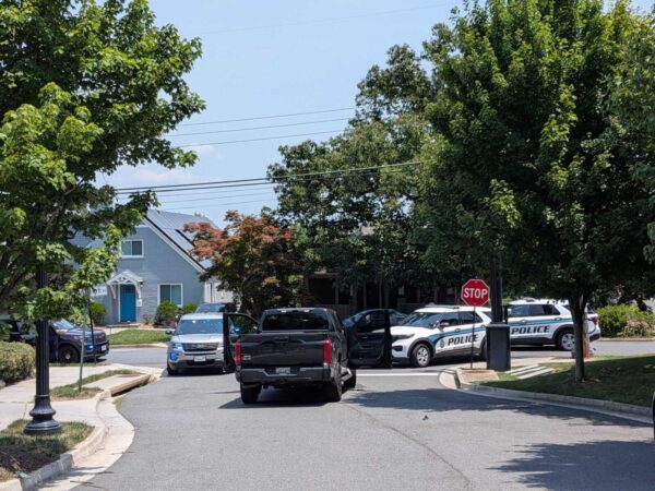 Police SUVs and a patrol car parked on a suburban street with a stop sign and trees in the background.