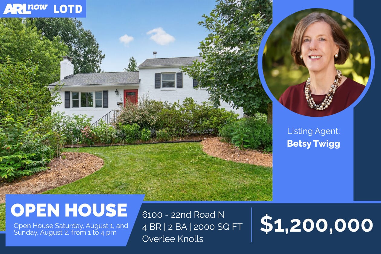 Open house banner for 6100-22nd Road N: 4 BR, 2 BA, 2000 sq ft; listing agent Betsy Twigg; $1,200,000.