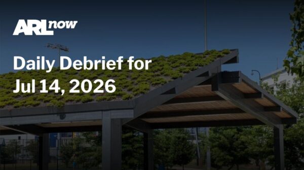 ARLnow banner showing the headline 'Daily Debrief for Jul 14, 2026' over a roofed outdoor structure at a park.