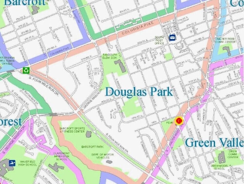 Colored city map highlighting neighborhoods Alcova Heights, Douglas Park, Green Valley and Barcroft with roads and parks clearly labeled.