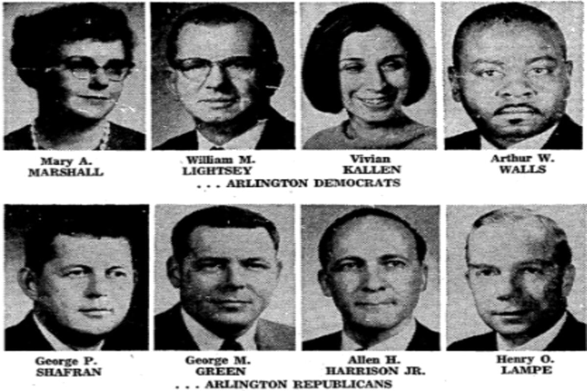 Candidates in 1969 House of Delegates race (via Washington Star archives, D.C. Library) | ARLnow Portrait montage of eight political candidates: top row left to right Mary A. Marshall, William M. Lightsey, Vivian Kallen (Arlington Democrats), Arthur W. Walls; bottom row George P. Shafran, George M. Green, Allen H. Harrison Jr., Henry O. Lampe (Arlington Republicans).