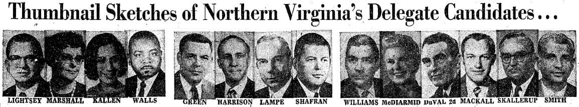 Candidates running for House of Delegates across Northern Virginia in 1969 (via Washington Post) | ARLnow Row of small black-and-white headshot portraits showing Northern Virginia delegate candidates in a newspaper clipping, with each photo captioned by the candidate's name.