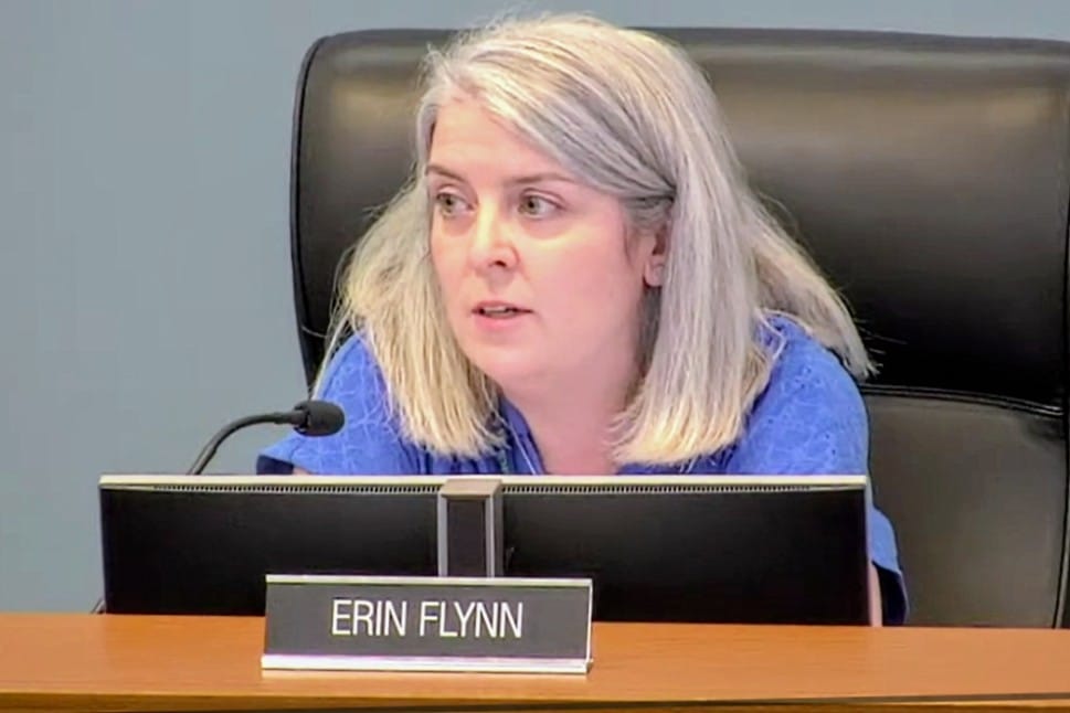 Erin Flynn speaks into a microphone at a panel, with a nameplate reading ERIN FLYNN.