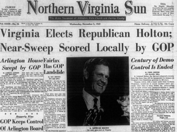 Black-and-white front-page of Northern Virginia Sun announcing Virginia elected Republican Holton; near-sweep locally by GOP, with a large photo of A. Linwood Holton and smaller portraits.