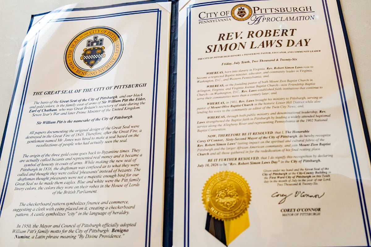 Proclamation declaring July 10 at Rev. Robert Simon Laws Day in Pittsburgh (courtesy George Medley) | ARLnow