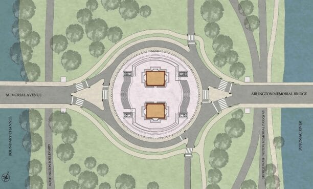 Top‑down plan of a circular memorial plaza with two rectangular buildings in the center, four roads radiating outward, lined by trees and a river on each side.