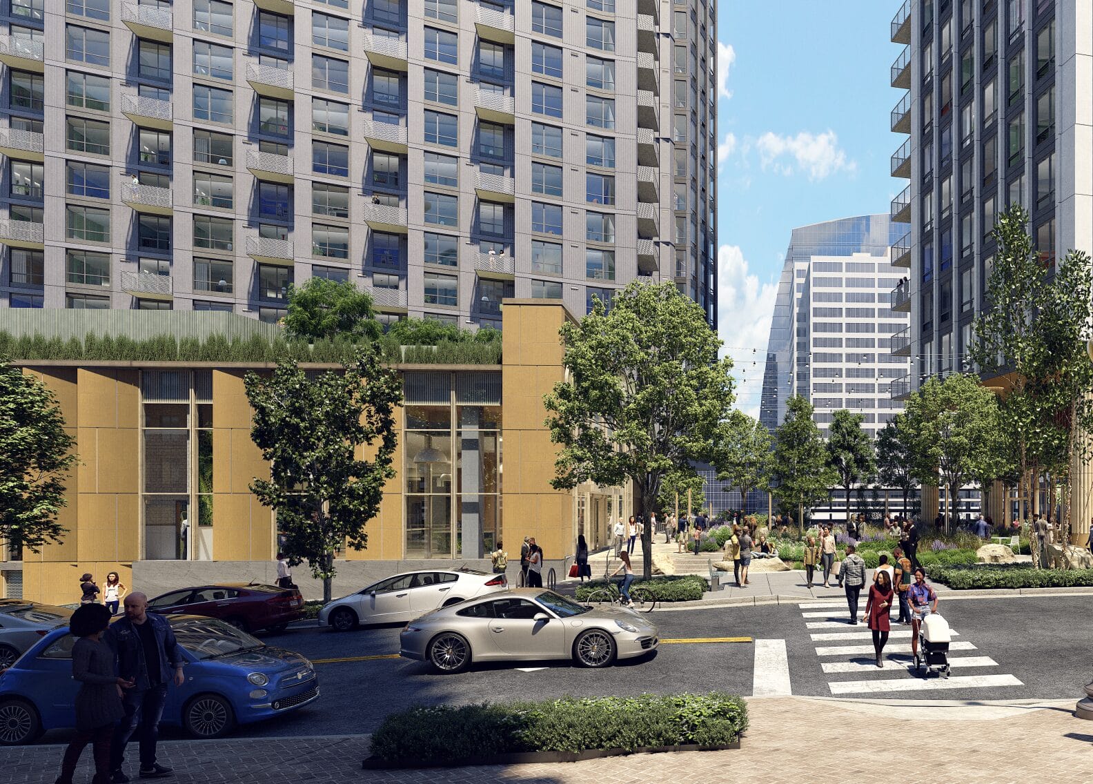 Urban plaza between modern high-rise buildings with trees, pedestrians, and parked cars under a blue sky.