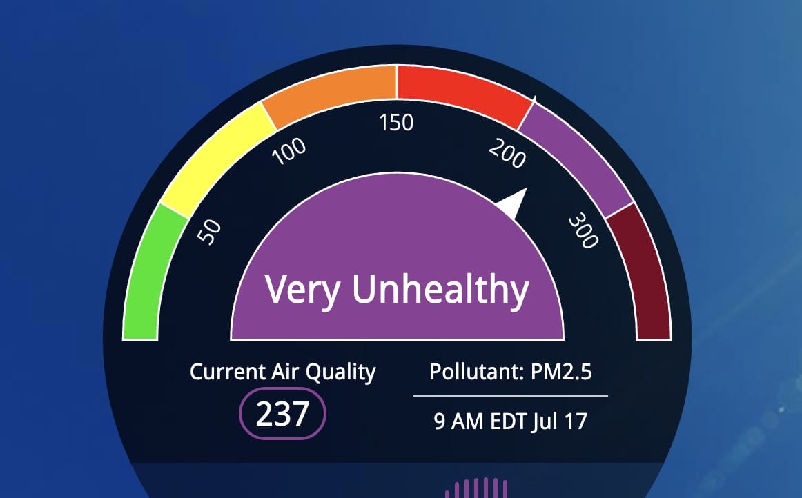 Circular air quality gauge reading Very Unhealthy; PM2.5 237, 9 AM EDT Jul 17