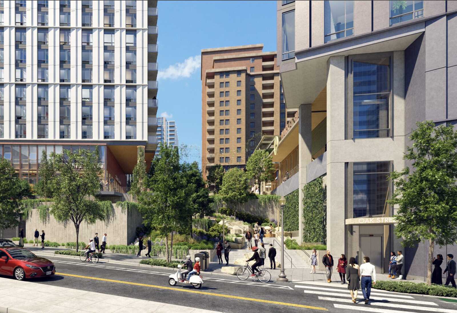 Urban street scene with modern high-rise buildings, pedestrians on the sidewalk, and cyclists near a red car. (informative)