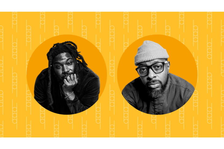 Two men in black-and-white headshots, each inside an orange circle on a bright yellow patterned background, side by side.
