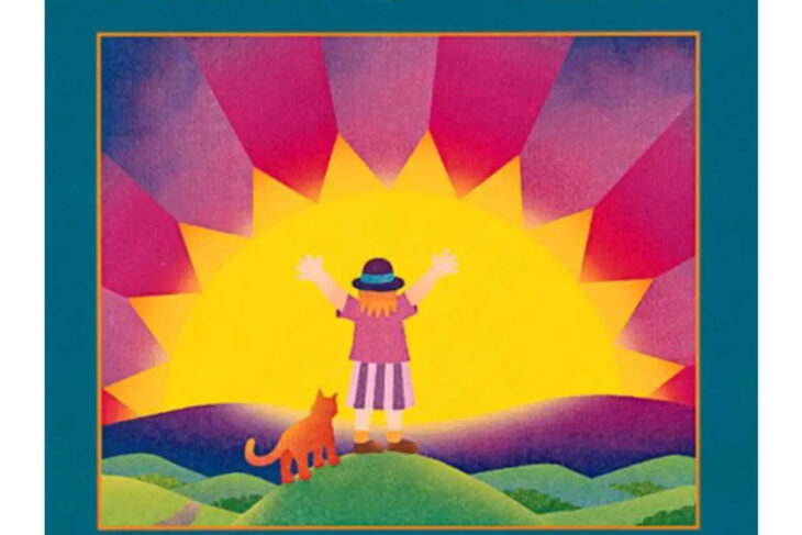 Child with arms raised toward a giant yellow sun on colorful hills, a cat at their feet.