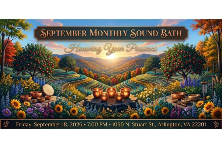 September Monthly Sound Bath banner with autumn landscape and event details: Sept 18, 2026, 7:00 PM, 1050 N. Stuart St., Arlington, VA 22201.