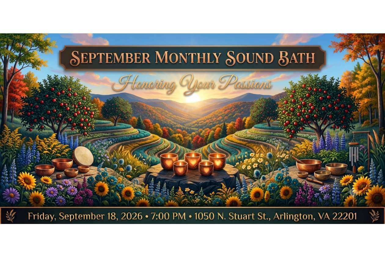 Poster for September Monthly Sound Bath: a sunlit terraced garden with ritual bowls; Arlington, VA details at bottom.