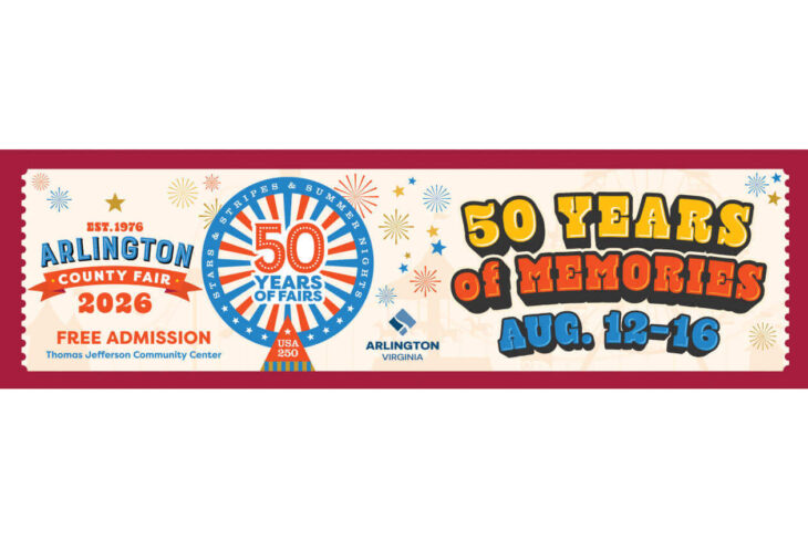 Colorful banner for Arlington County Fair celebrating 50 years of memories, Aug 12–16, free admission in Arlington, VA