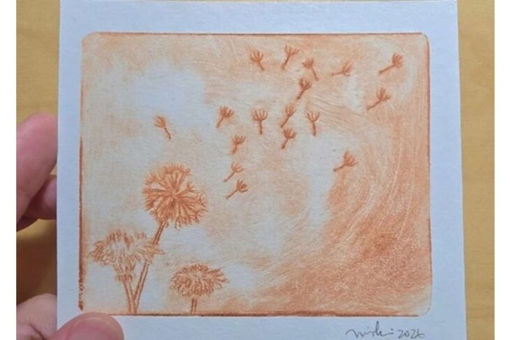 Orange sketch of two palm trees and a shrub on a dune, with a flock of birds flying across a pale sky inside a light-blue mat frame (hand visible on left). Balance of orange hues and signature bottom right.