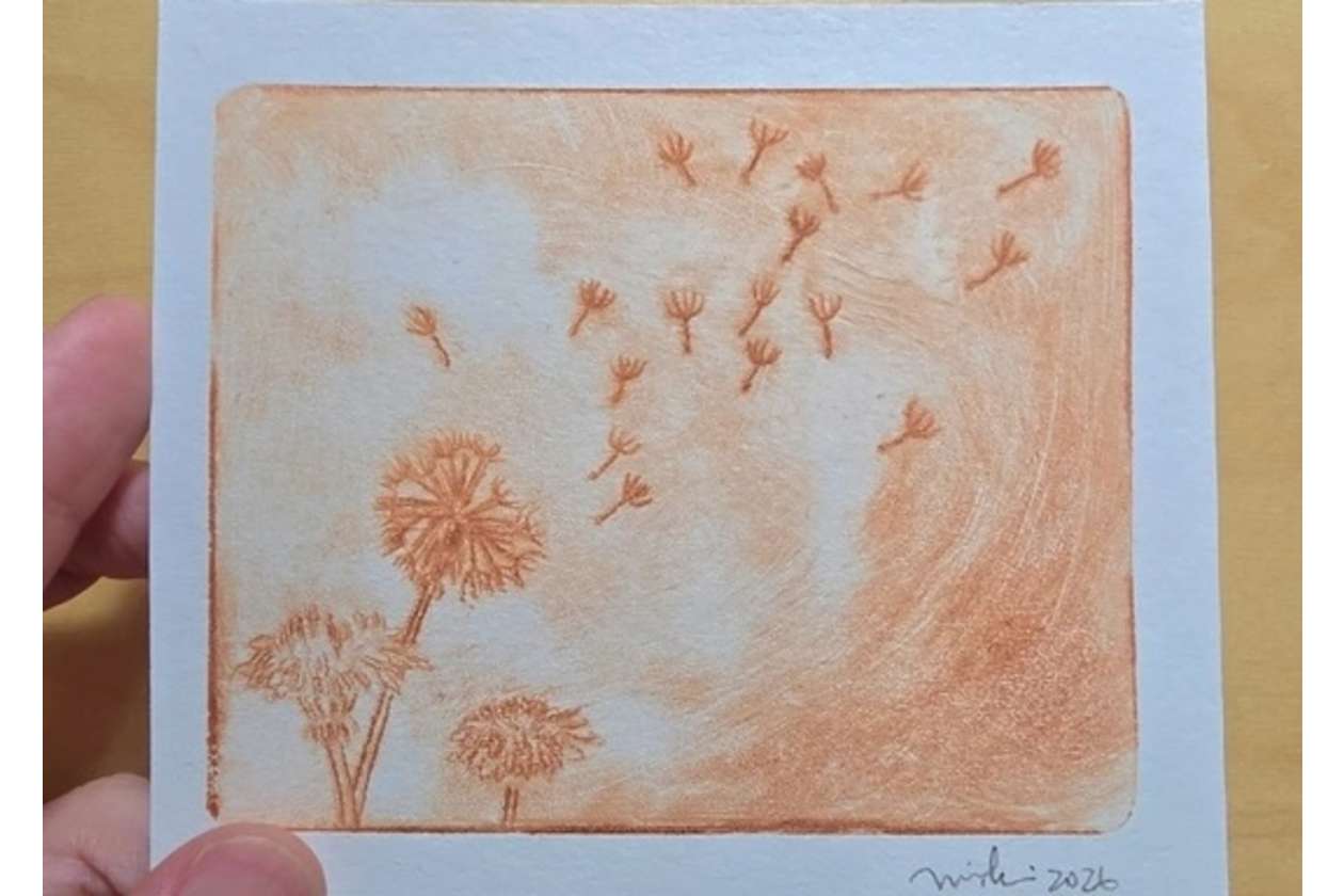 Orange sketch of two palm trees and a shrub on a dune, with a flock of birds flying across a pale sky inside a light-blue mat frame (hand visible on left). Balance of orange hues and signature bottom right.