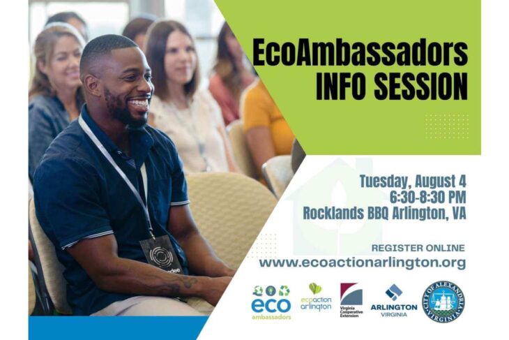 Flyer for EcoAmbassadors Info Session with a smiling attendee and event details: date, time, location, and registration site, plus logos at the bottom.